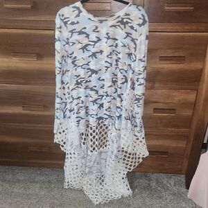 Blue Asymmetrical Long Sleeve Blouse
